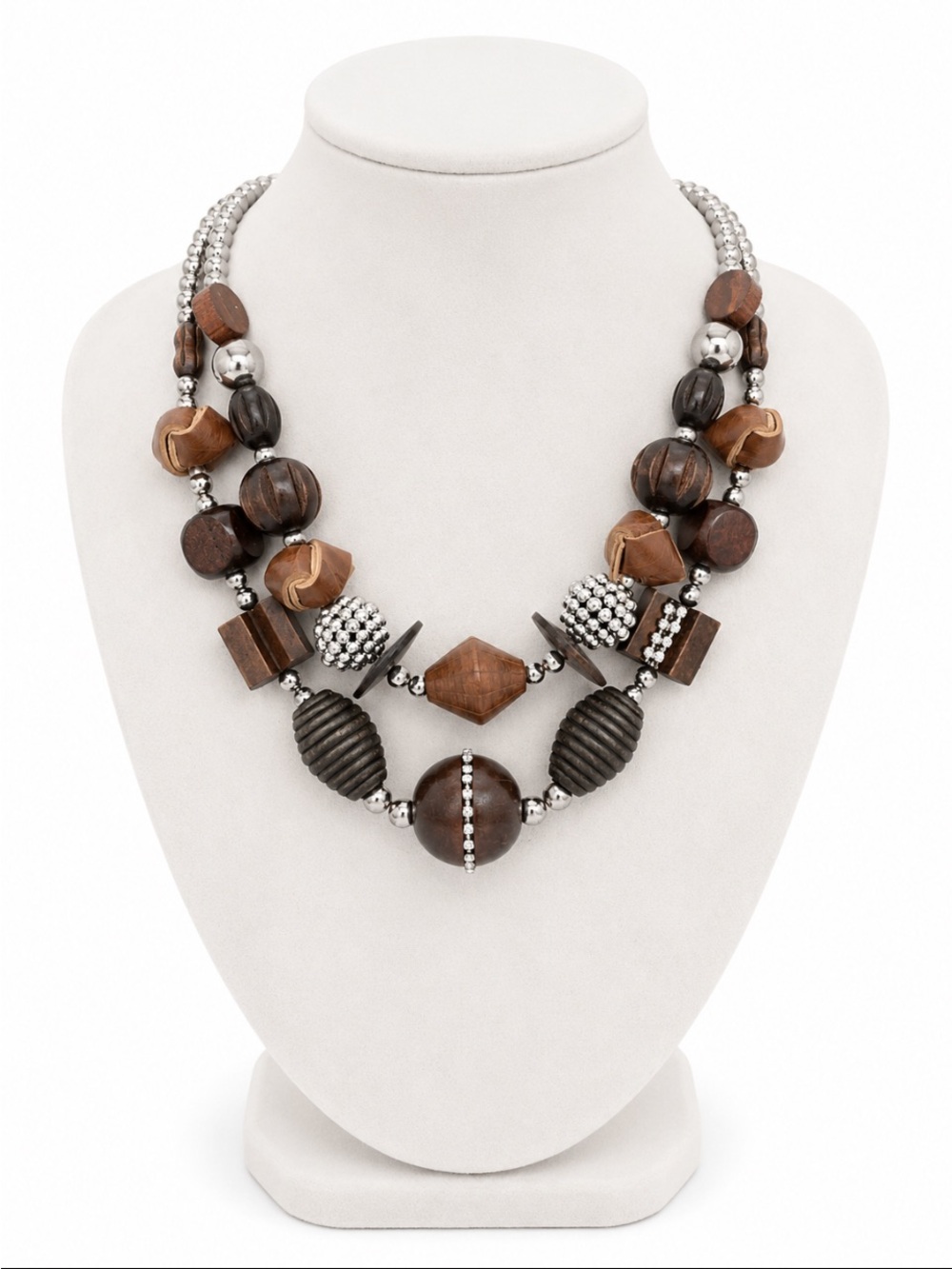 Brown Leather Knot Bead & Rhinestone Double-Strand Statement Necklace